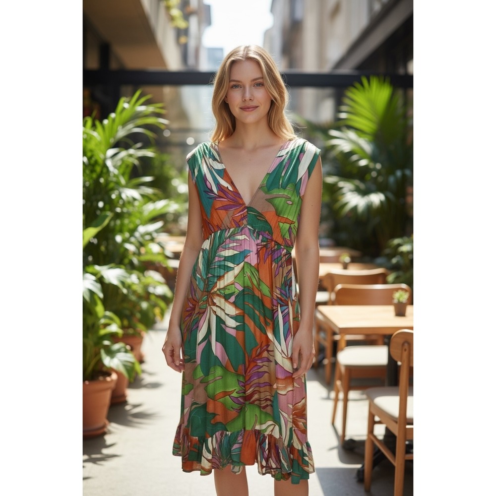 True Destination V Neck Dress Multicolor Tropical Leaf Print Sleeveless Casual S